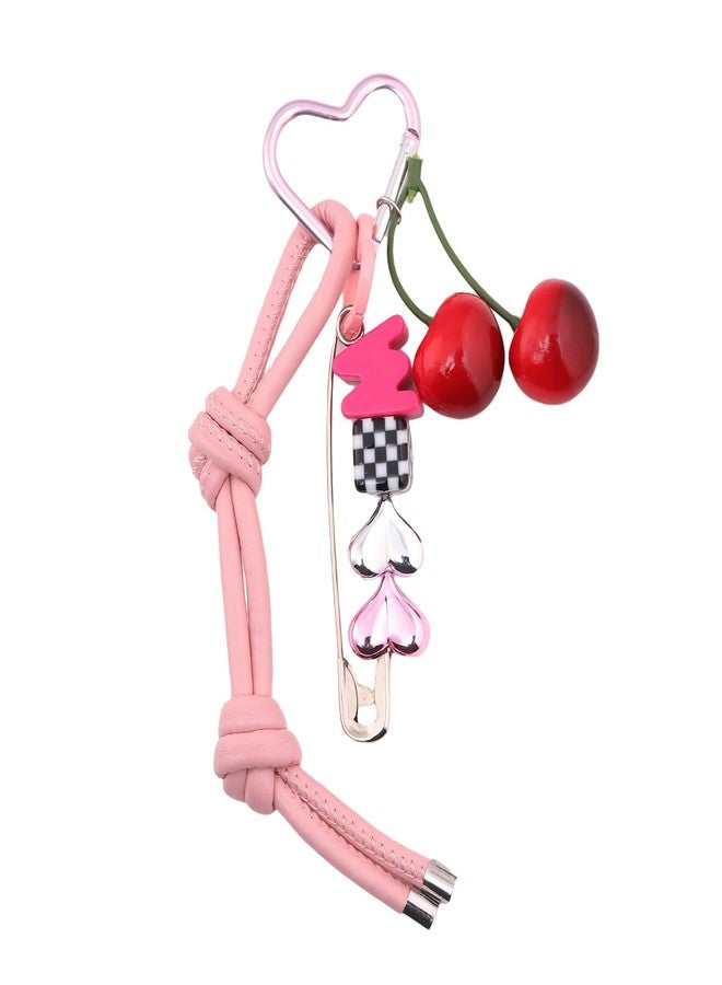 SORGERLY Designer Bag Charm for Handbag - Pink Leather Rope Cherry Heart Letter Beaded - Cute Purse Tote Accessories for Women (Pink leather) - Image 1